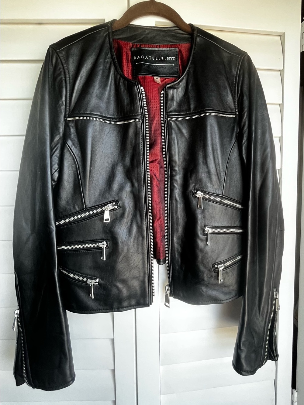 bagatelle Black Leather moto Jacket with Red Lining